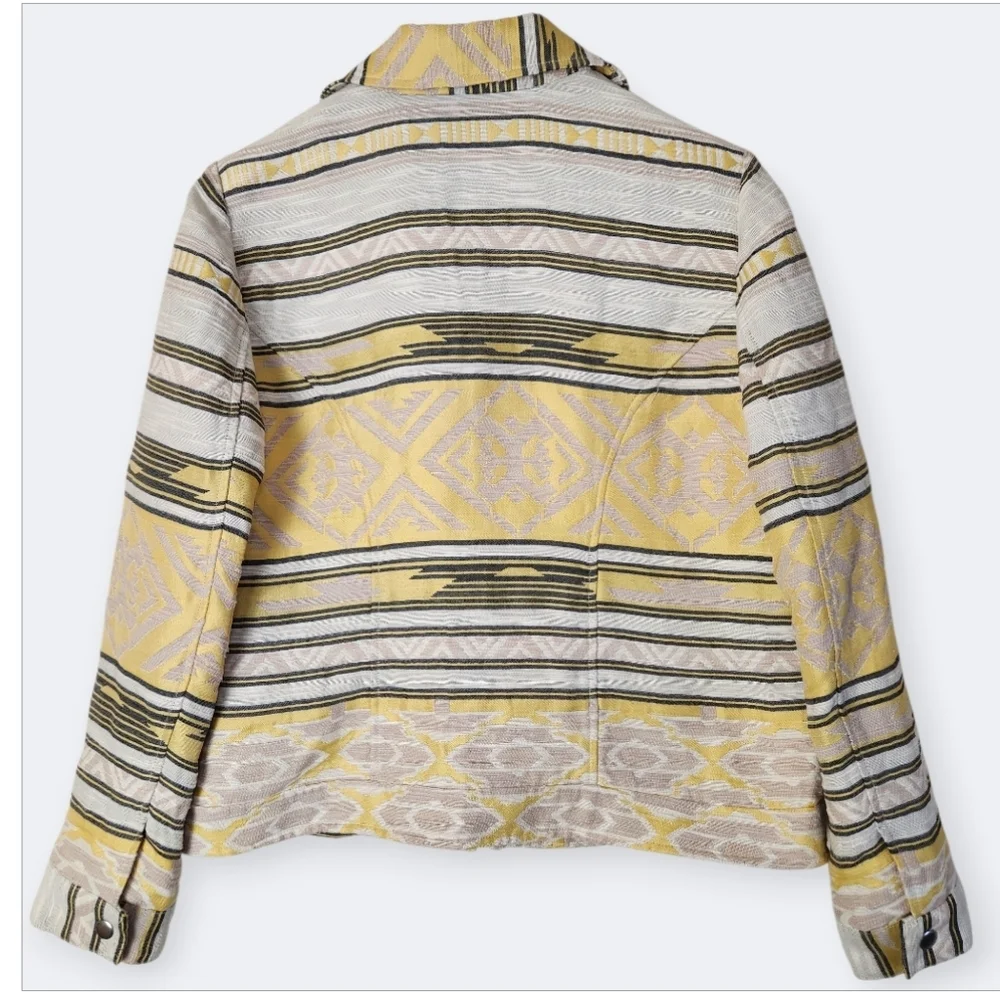 CHICO'S Aztec Southwest Jacquard Moto Western Yellow Black Striped Jacket Sz. M